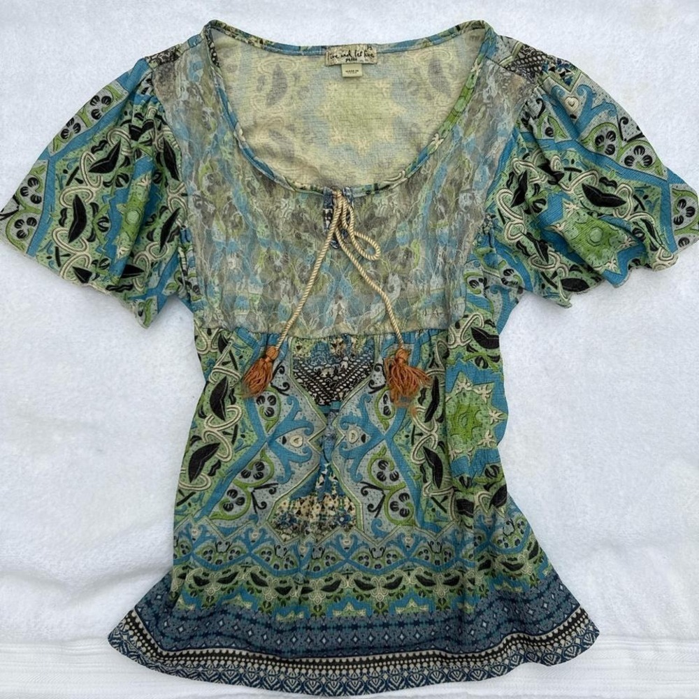 blue & green boho top with tassels